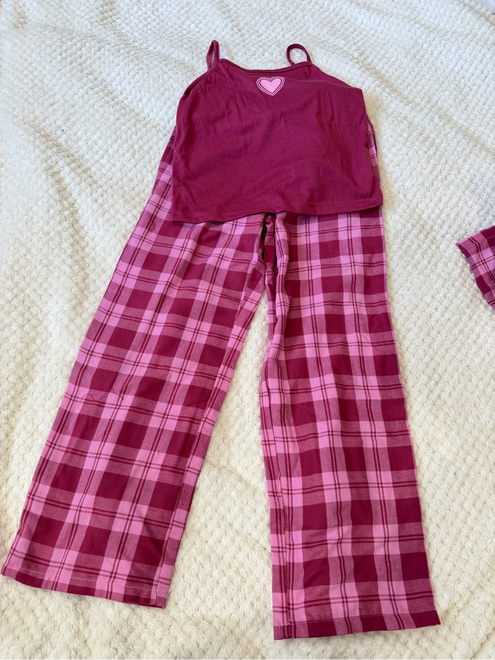 Girls Pink Plaid Pajama Set with Heart Tank